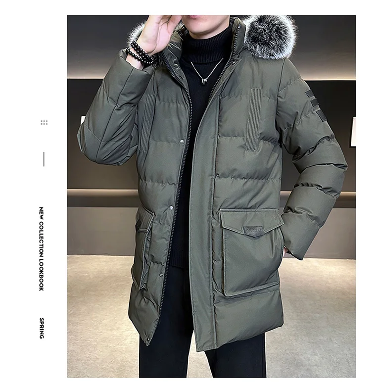 Autumn Winter Main Push Mid Length Solid Color Hooded Cotton Coat For Men Plus Size Korean Style Thick Warm Unisex Youth Trendy