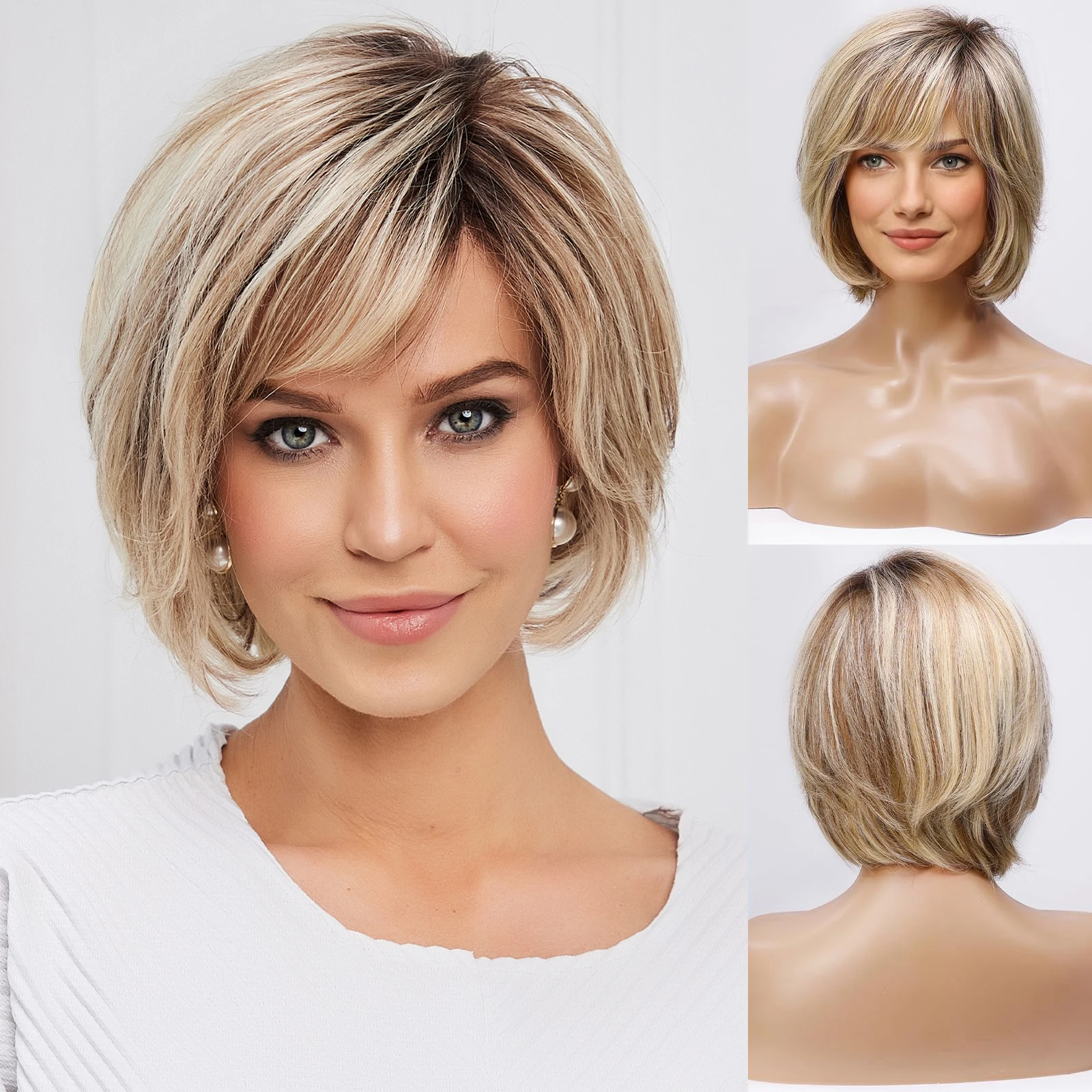 Ombre Brown Mixed Blonde Human Hair Lace Front Wigs Short Layered Natural Wavy Bob Remy Human Hair Wig for White Women Daily Use