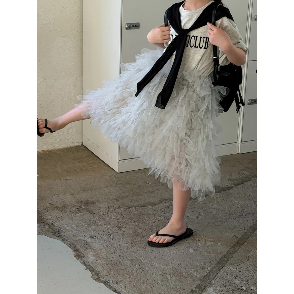 

2026 Spring Girls Tulle Tutu Skirt Kids Solid Color Layered Ruffle Skirt Loose Casual A-Line Skirt for Party Daily Wear