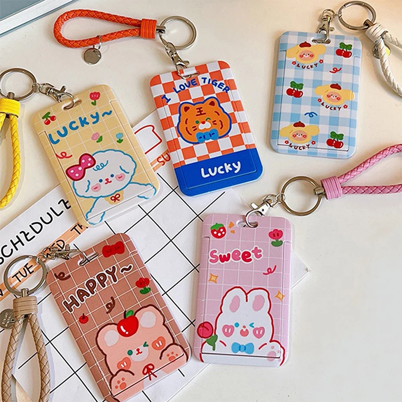 1pc Cartoon cute little animal bus card cover creative sliding cover student campus access card key chain card cove card holder