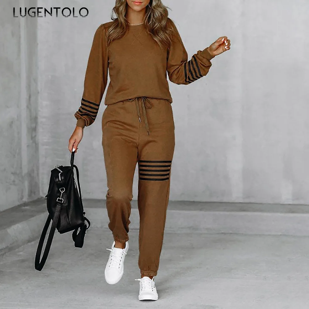 Women Sweatshirt 2-piece Set Striped Print O-neck Threaded Cuff Top Elastic Waist Drawstring Jogging Bottoms Street Casual Wear