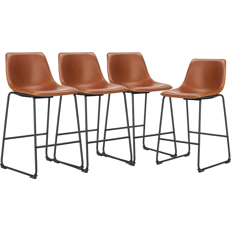 26 Inch Counter Height Bar Stools Set of 4, Modern Faux Leather High Barstools with Back and Metal Leg, Bar Chairs