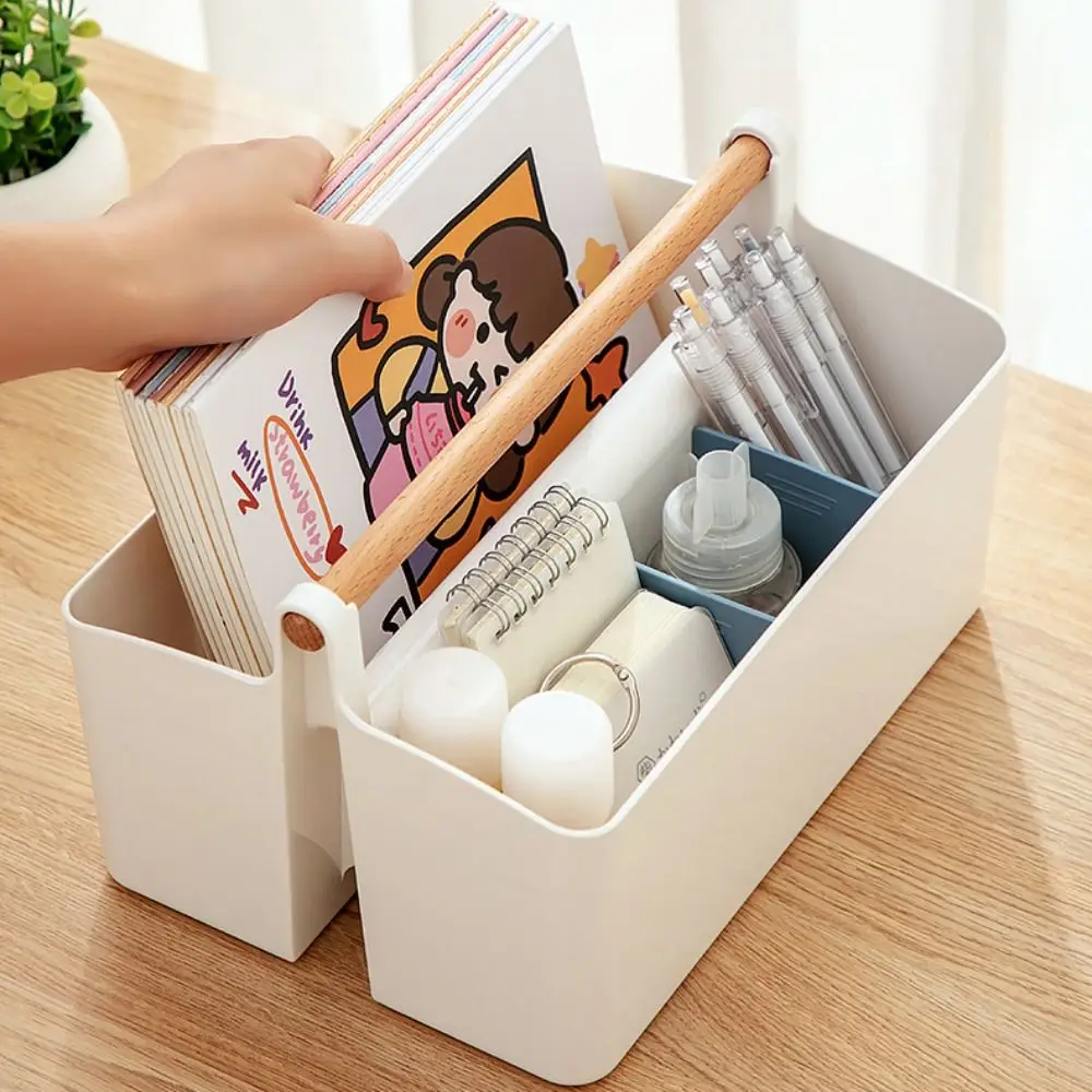 

Plastic Desk Storage Organizer Detachable Multi-Purpose Pen Holder Divided Compartments with Wooden Handle Desk Stationery Box