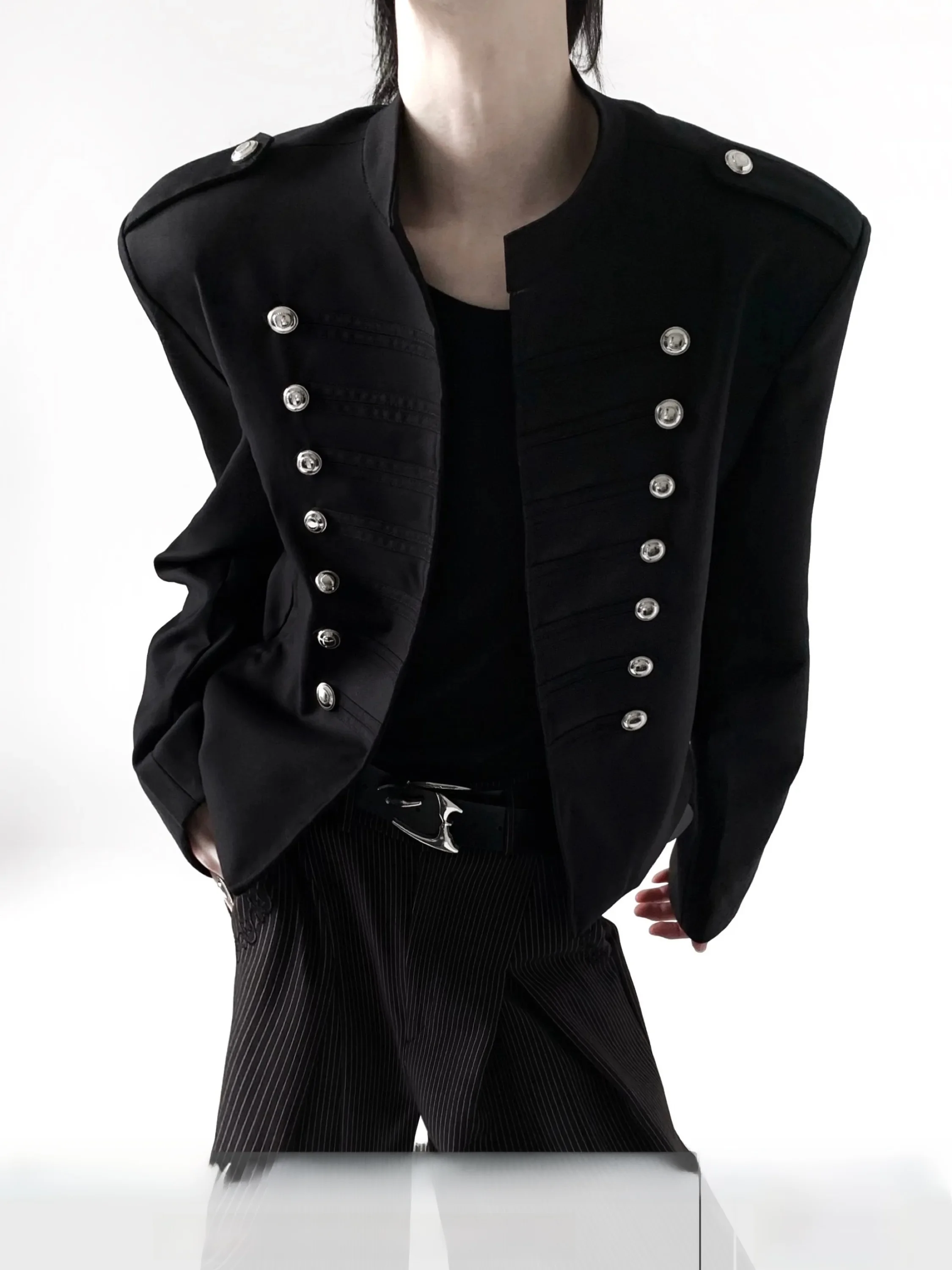 Dark Court Street Napoleon Jacket Men's Short Shoulder Pad Design Sense Outerwear Anti-Wind Polyester Cotton Blend Long Sleeve