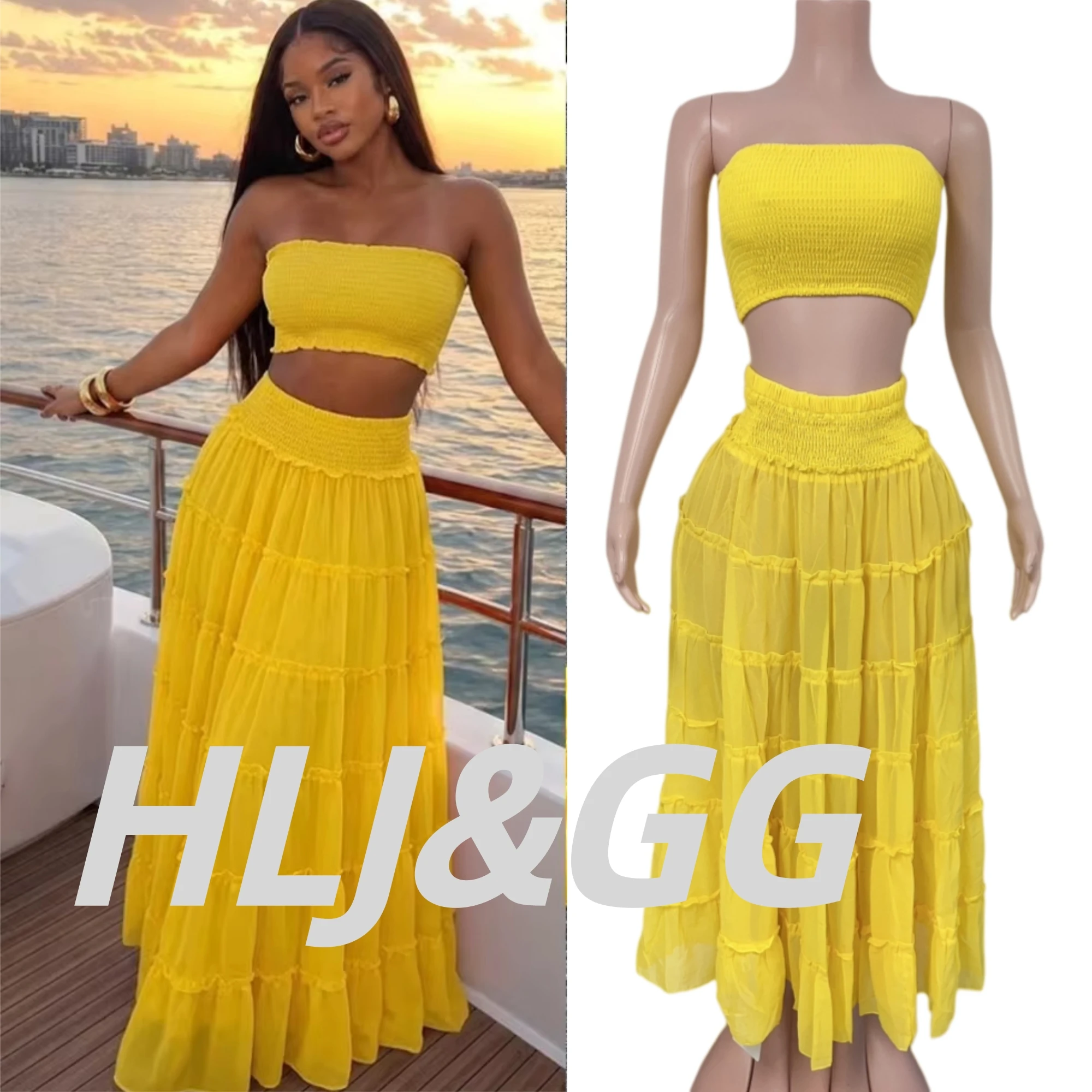 HLJ Summer Ladies Strapless Smocked Tube Top and Tiered Ruffle Maxi Skirt Set Women Beach Holiday Matching Two Piece Outfit Suit