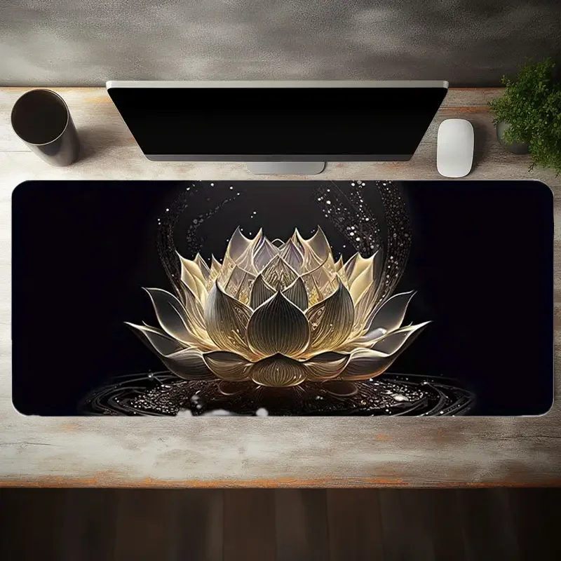 Elegant white lotus mouse pad, 2 mm non-slip rubber lock base mouse pad sewn edge keyboard desktop accessories, suitable for off
