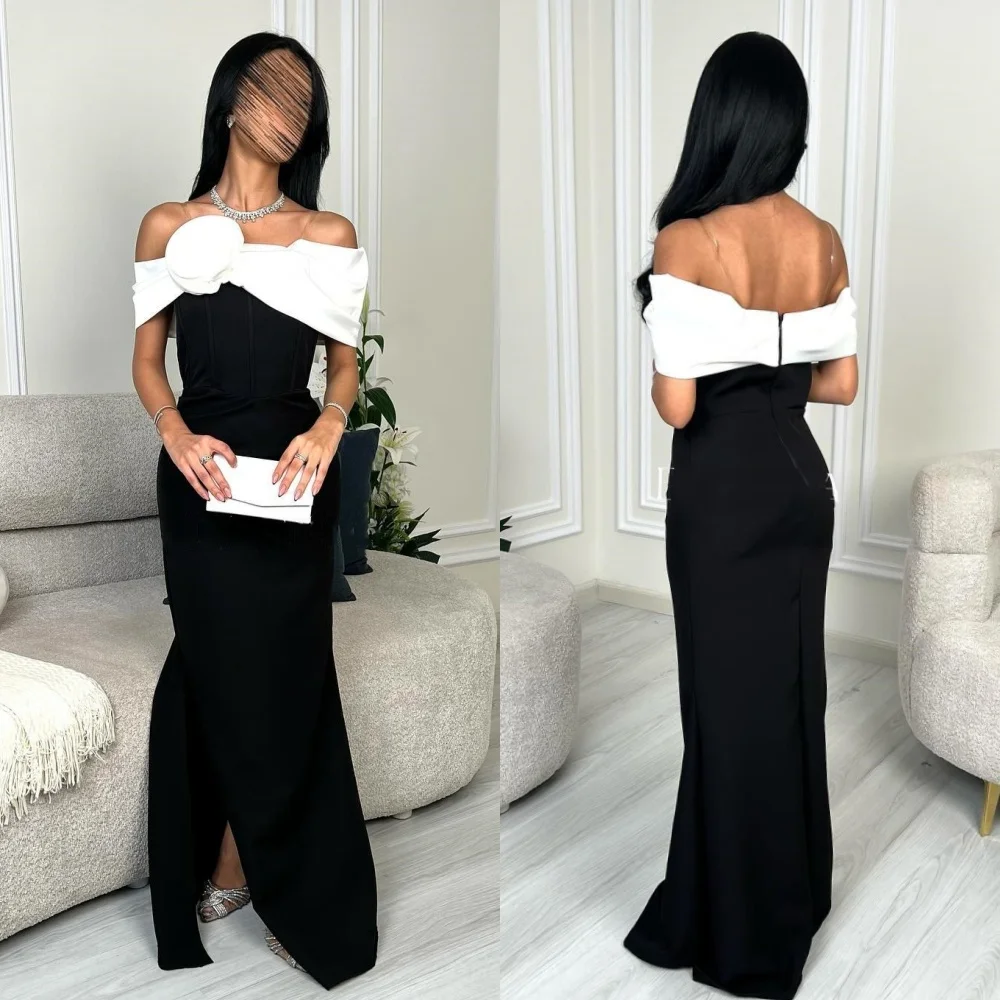 

Customized Sizes Available Formal Jersey Handmade Flower Pleat Straight Off-the-shoulder Long Dresses Bespoke Occasion Dresses