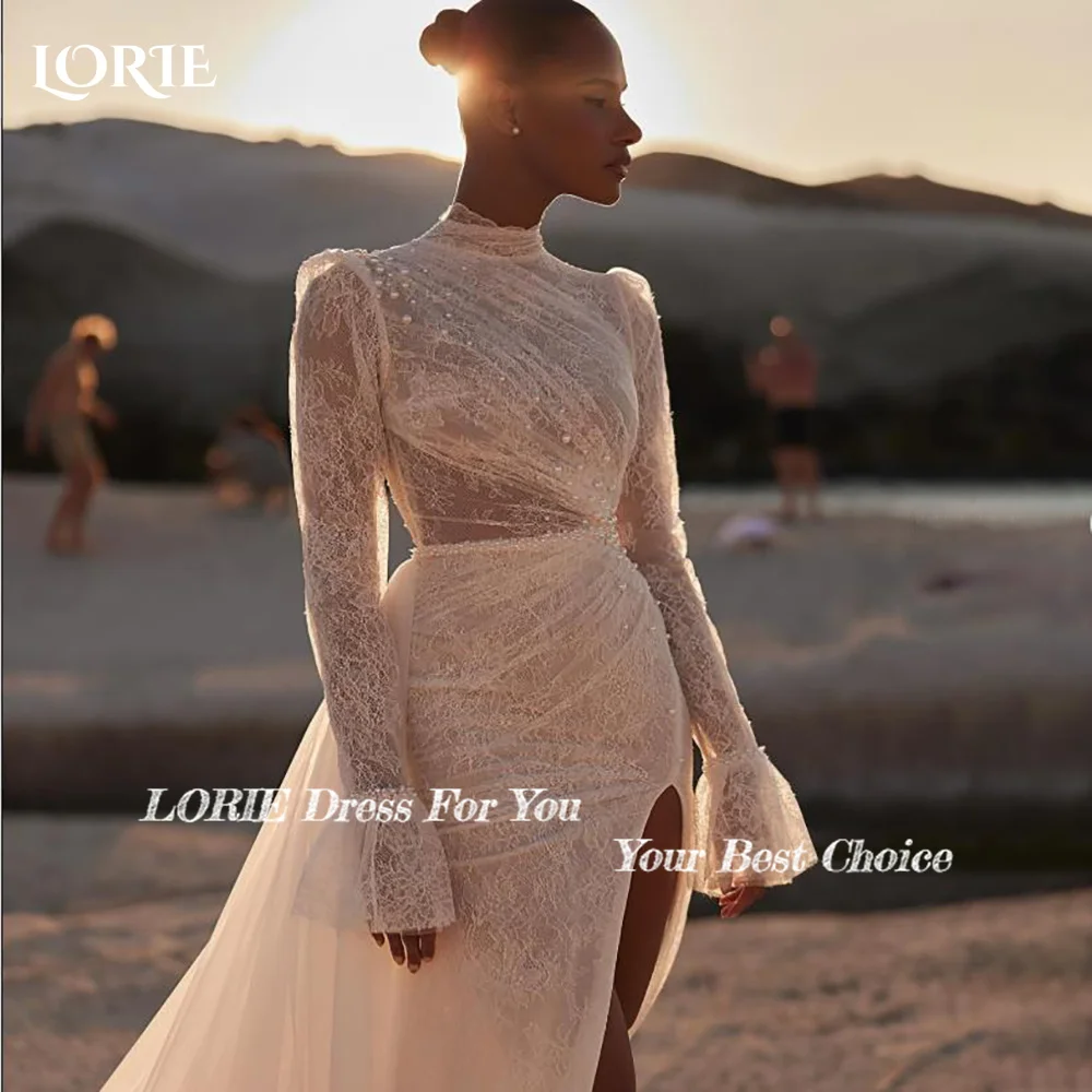 LORIE Vintage Lace Wedding Dresses High Collar A-Line Puff Long Sleeve Button Bridal Gown Princess Muslim Bride Dress Customized