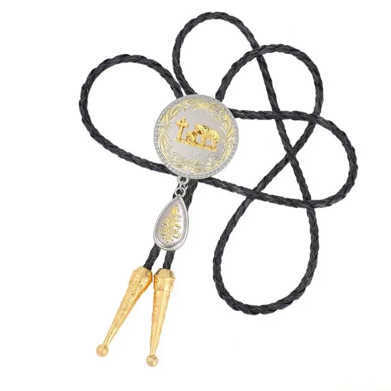 31BF Comfortable Adjustable Bolo Tie Carved Charm Western PU Cord Unisex Item