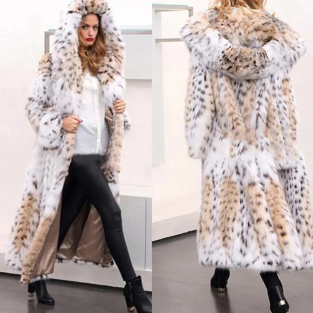 Abrigo grueso con estampado de leopardo para mujer, abrigo largo de piel de zorro de imitación, con capucha, suelto, longitud media, Invierno