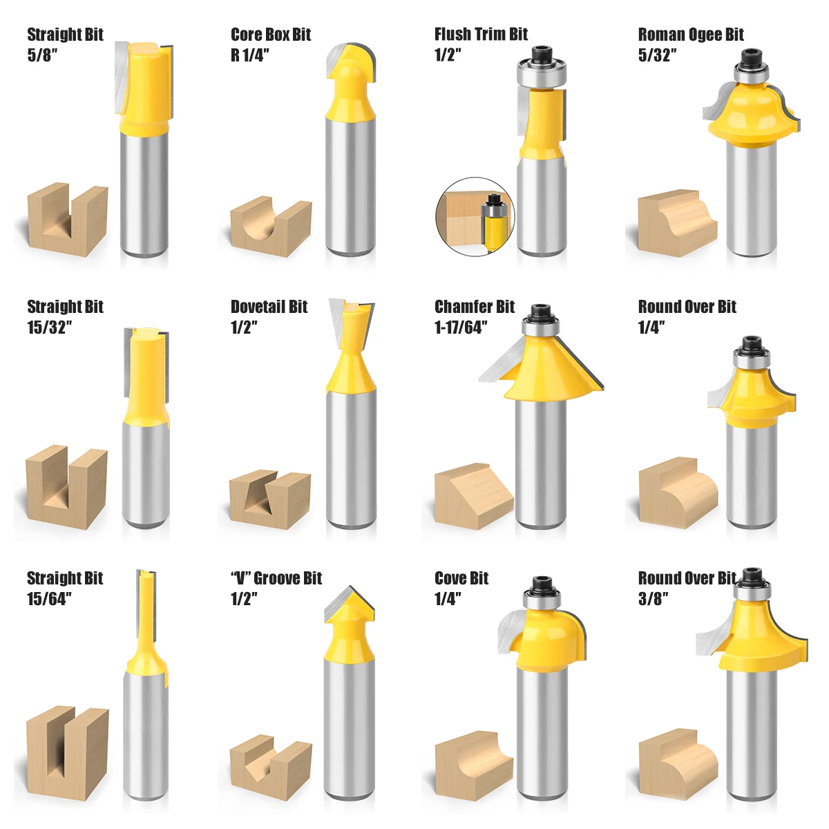 12pcs 6mm 8mm 1/4in 1/2in Shank Router Bits Set Woodworking Milling Cutter Trimming Straight Bits Carbide Engraving Cutting Tool