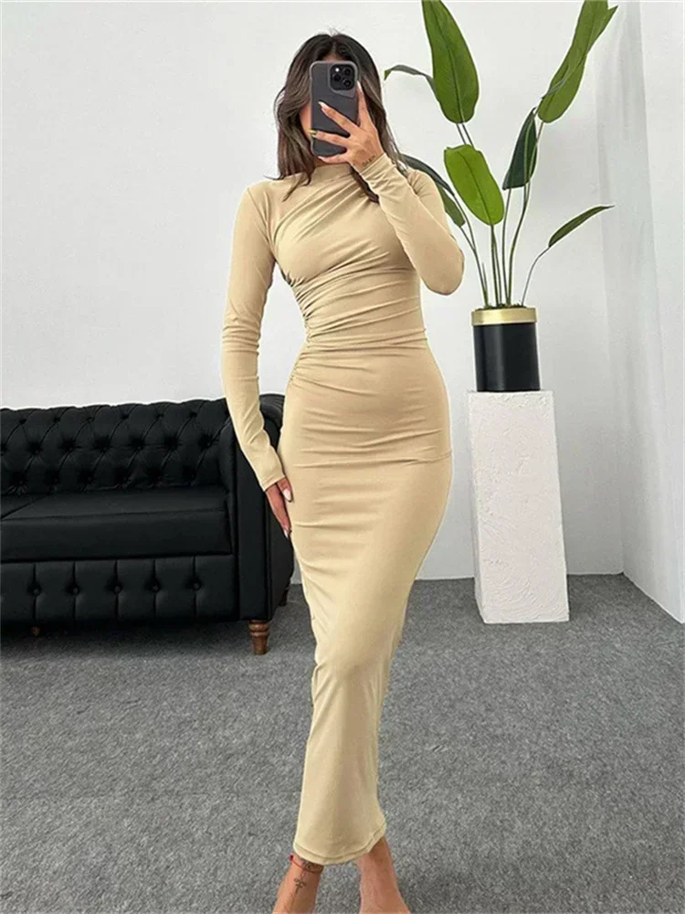 Robe plissée en Patchwork pour femmes, élégante, manches longues, couleur unie, Slim, taille haute, moulante, Maxi, mode automne 2023