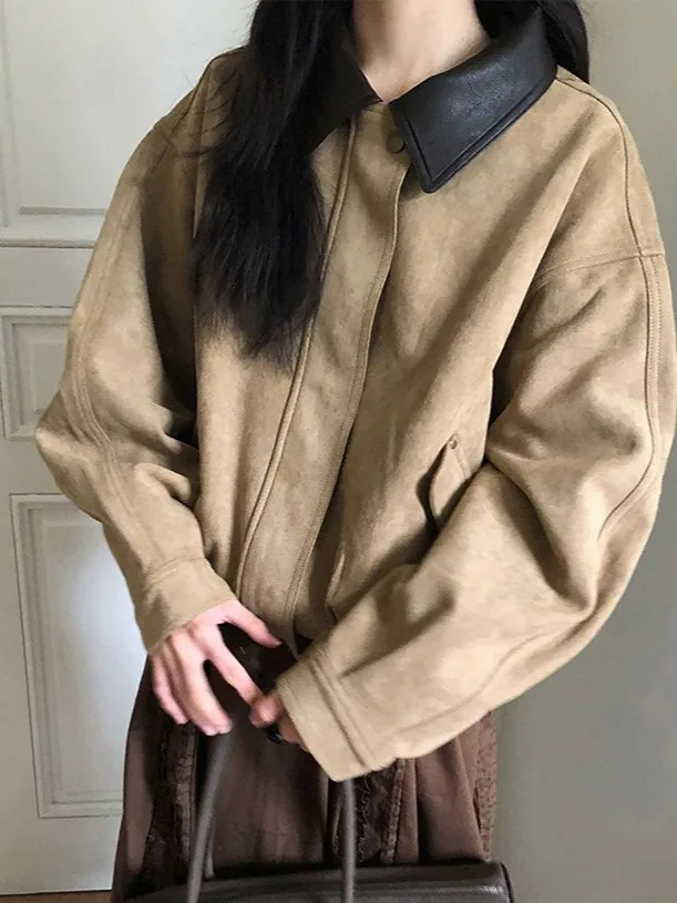 

Замшевая куртка для похудения в стиле ретро с лацканами, женская корейская верхняя одежда, осенне-зимнее высококачественное кожаное пальто с воротником