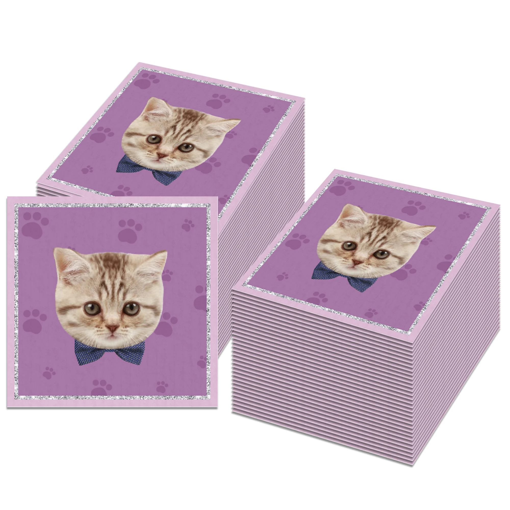 60Pcs Tabby Cat Print Paper Napkins, Purple Background Paw Pattern Disposable Table Napkins for Pet Theme Party Supplies