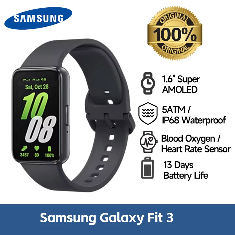 سامسونج جالاكسي صالح 3 SmartBand 1.6 ''IP68 مقاوم للماء سوبر AMOLED عرض معدل ضربات القلب مستشعر الأوكسجين في الدم عمر البطارية 13 يومًا