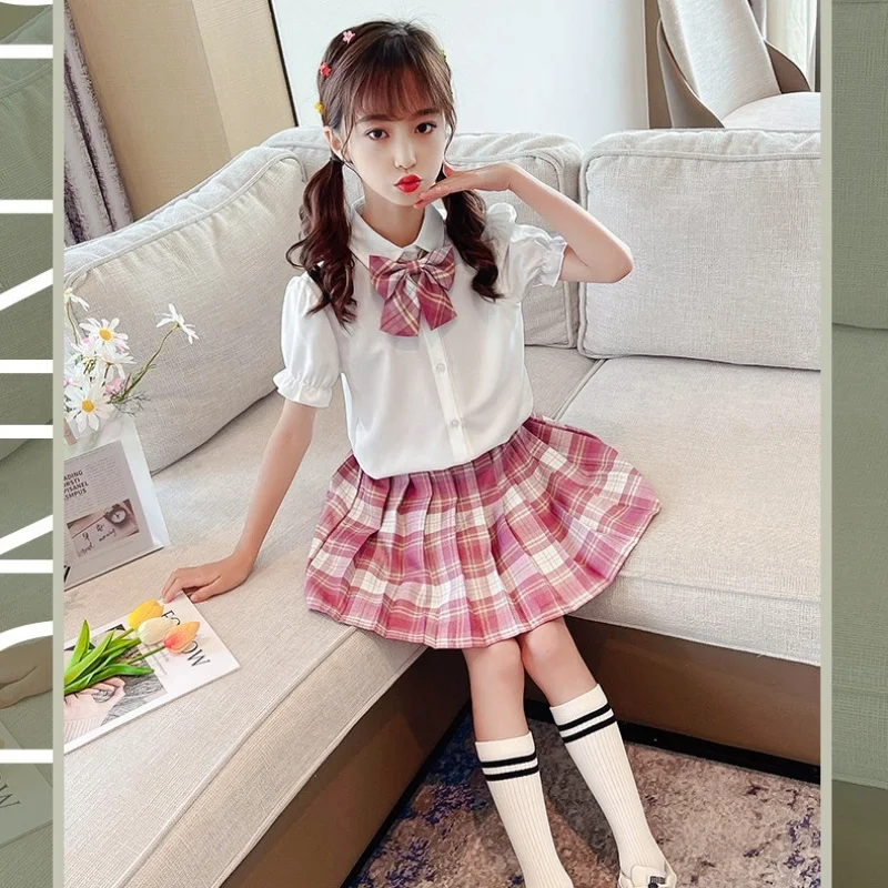 

Girls JK Uniform Pleated Skirt+Short Sleeves Shirts Suits Students Summer Dress Children College Style Teen Cute Outfit 2Pcs Set