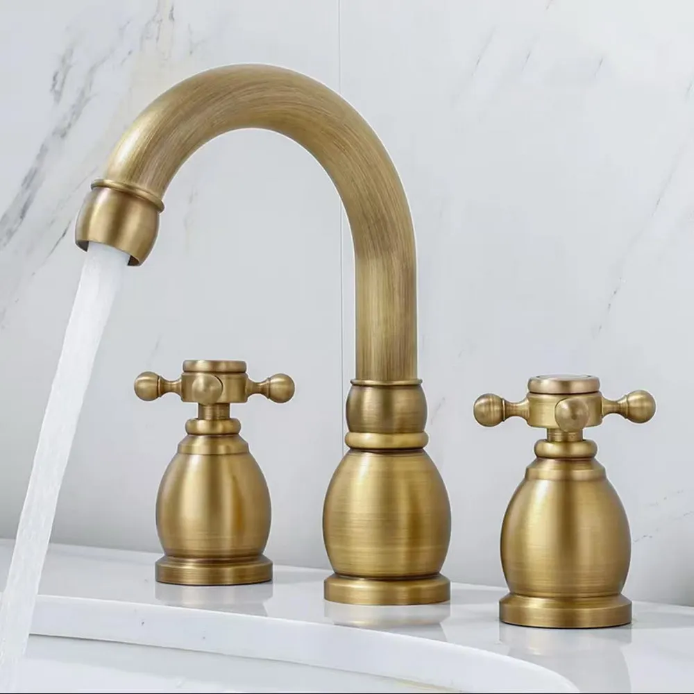 

Antique Brass Deck Mounted Widespread Bathroom Sink Swivel Faucet 3 Holes Basin Mixer Tap anf993