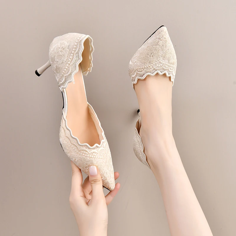 Lace Pointed Toe High Heels Women 2026 New Beautiful Stiletto French Hollow Single Shoes - view 5