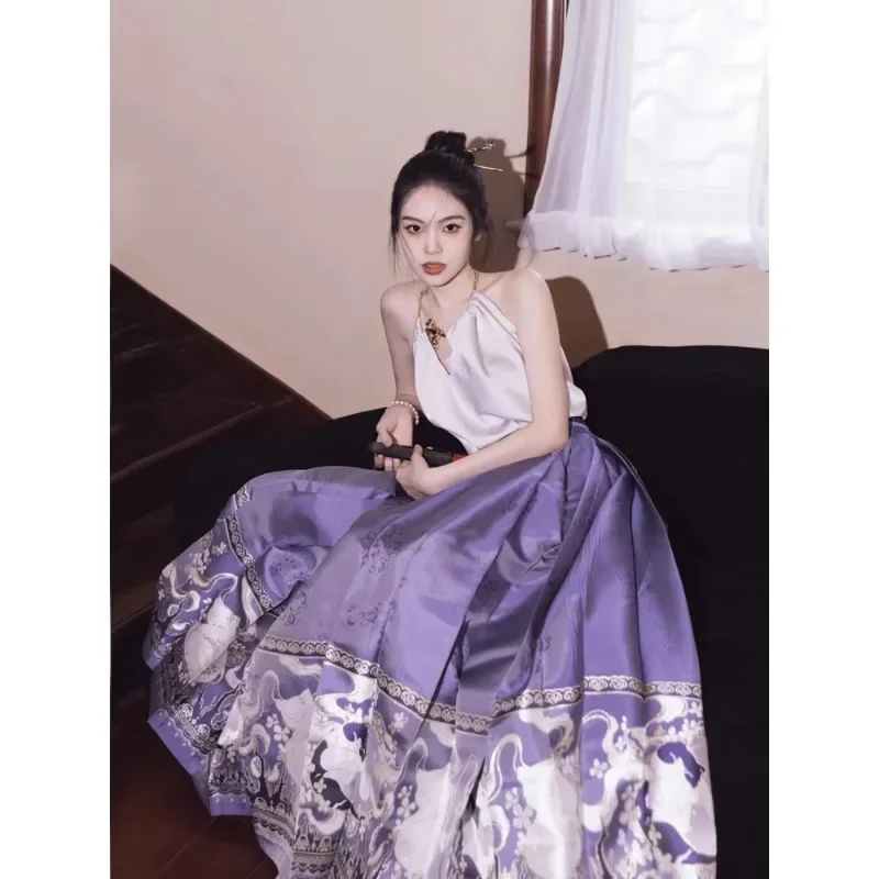 

Fashion Chinese Halter Neck Backless Hanfu Top Purple Horse Face Skirt Women Summer Elegant Banquet Dresses Graduation Party