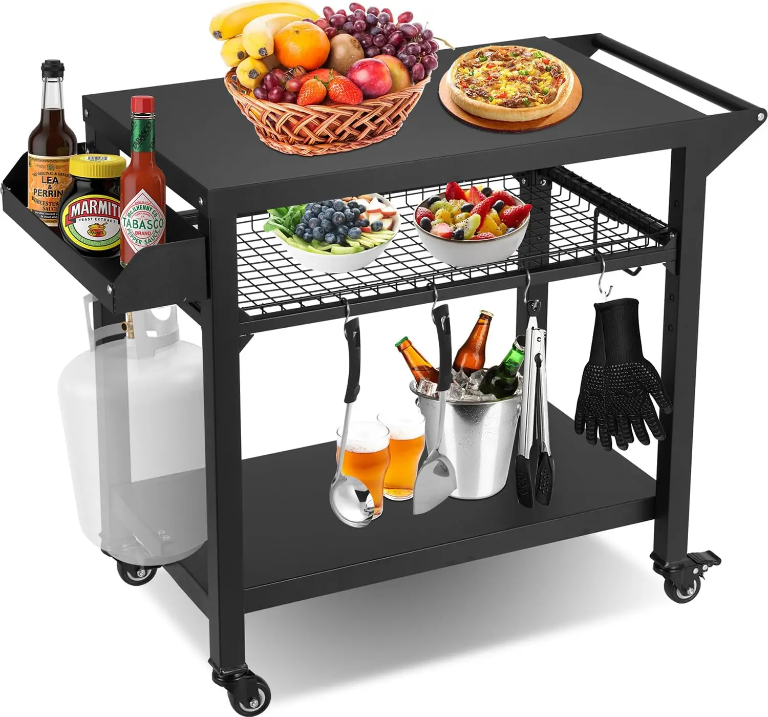 Spurgehom carrello per griglia da esterno, tavolo per forno per Pizza con ruote tavolo per carrello da pranzo per Patio esterno, cucina mobile