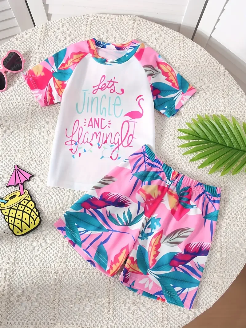 Cute tropical flamingo pattern print top + shorts beach style two-piece set for girls