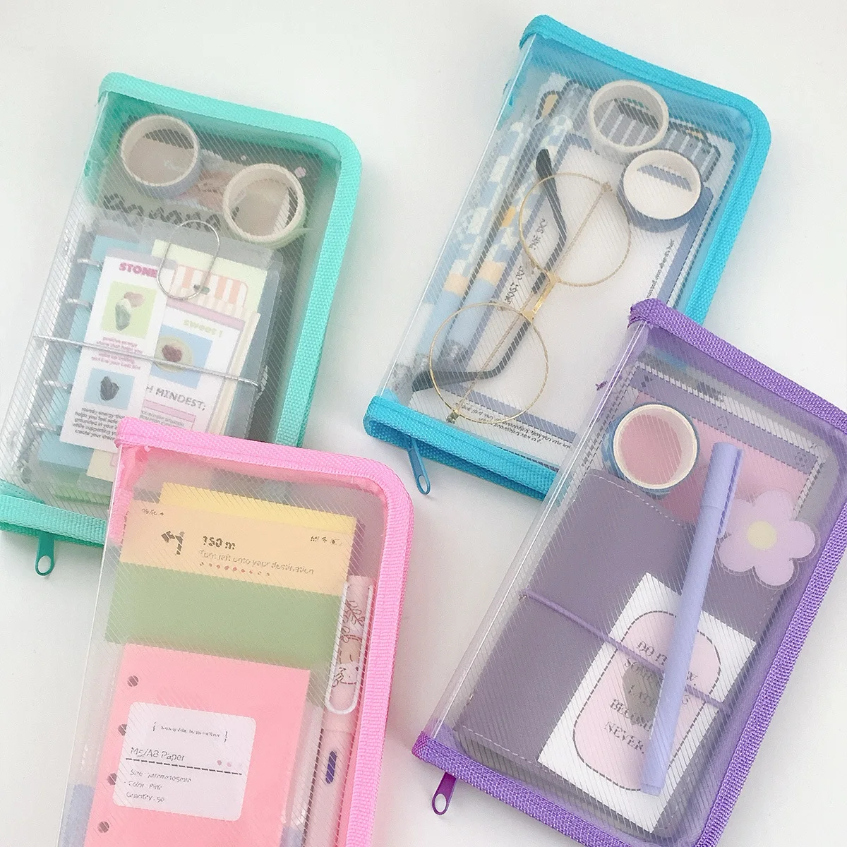 A6 Transparent PP Textured File Storage Zipper Pouch Sticker Organizer Stationery Scrapbook Journal Accessories