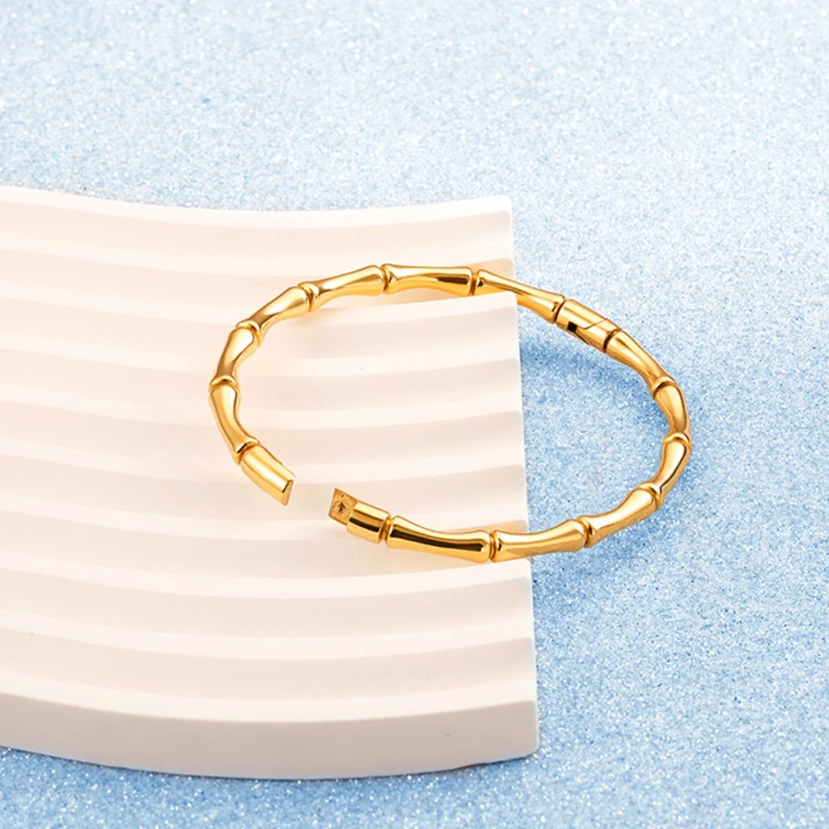Stainless Steel Gold Color Bamboo Cuff Bracelets Bangles for Woman Wedding Female Luxury Bracelets Jewelry Gift