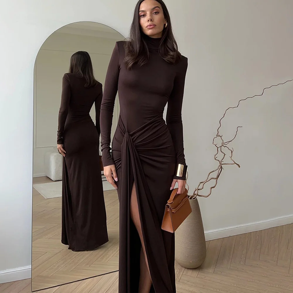 Fashion Turtleneck Ruched Bodycon Maxi Dress Women Autumn Winter Long Sleeve High Split Long Robes 2025 Chic Party Club Vestidos