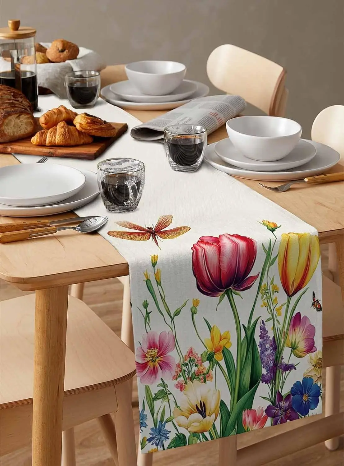 Spring Tulip Floral Linen Table Runner Holiday Wdding Party Decor Seasonal Summer Flowers Plant Table Runners Dining Table Decor
