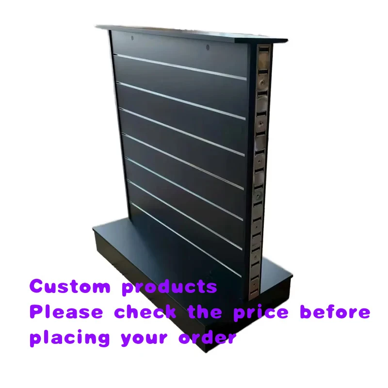 Expositor de góndola personalizable moderno y multifuncional de doble cara con listones de MDF, con ruedas de aluminio.