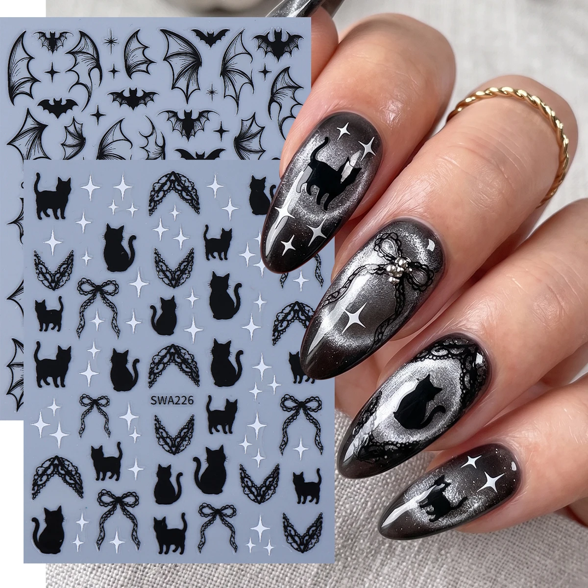 2pcs Gothic Black Y2K Nail Art Decals Black Cats Lace Ribbon Transparent Bat Evil's Wings Nail Decals Halloween DIY Manicure
