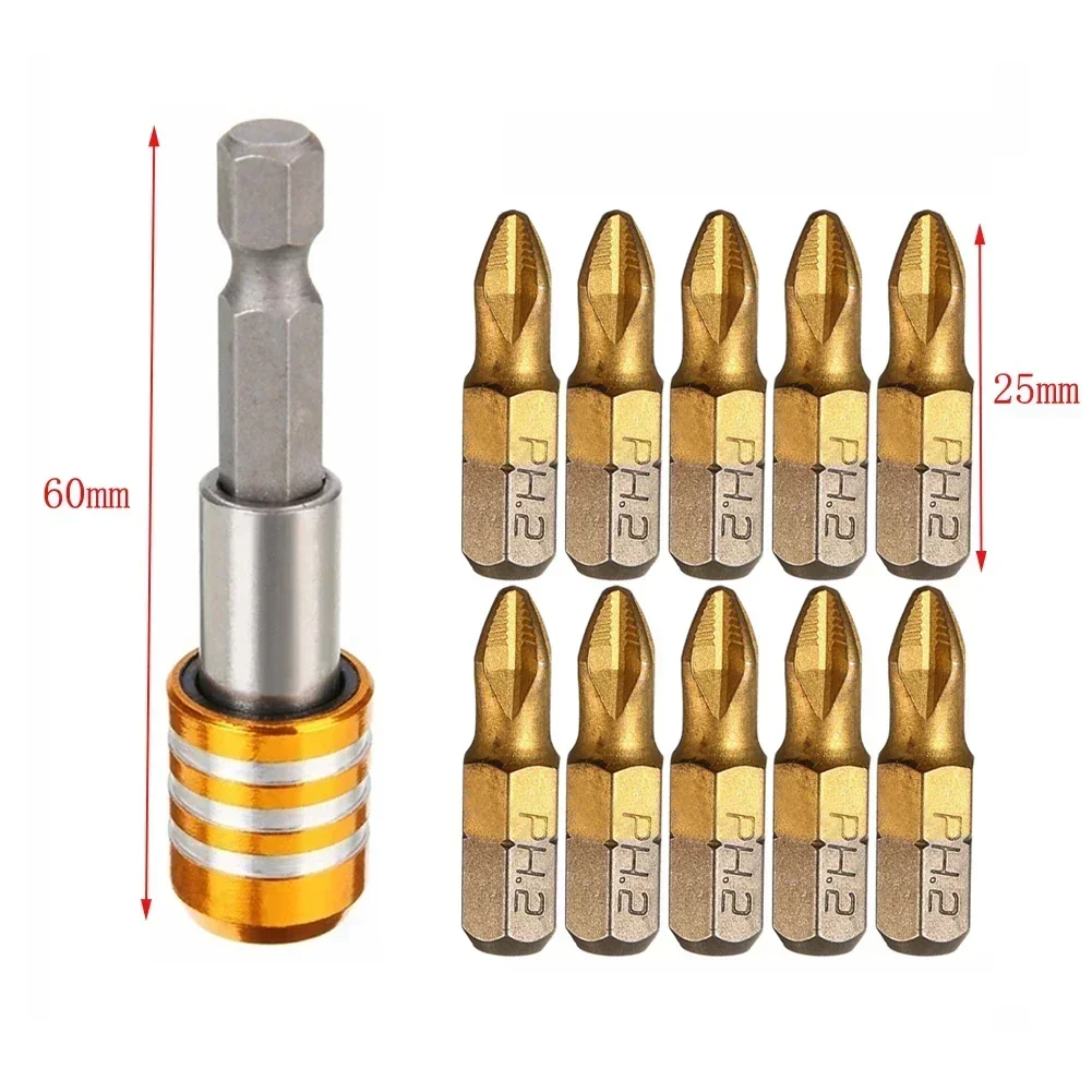 11pcs Screwdriver Bits Extension Bar 25mm 1/4\'\' Shank Titanium Coated Anti Slip PH2 With Adapter For Electric Driver Drill Tools