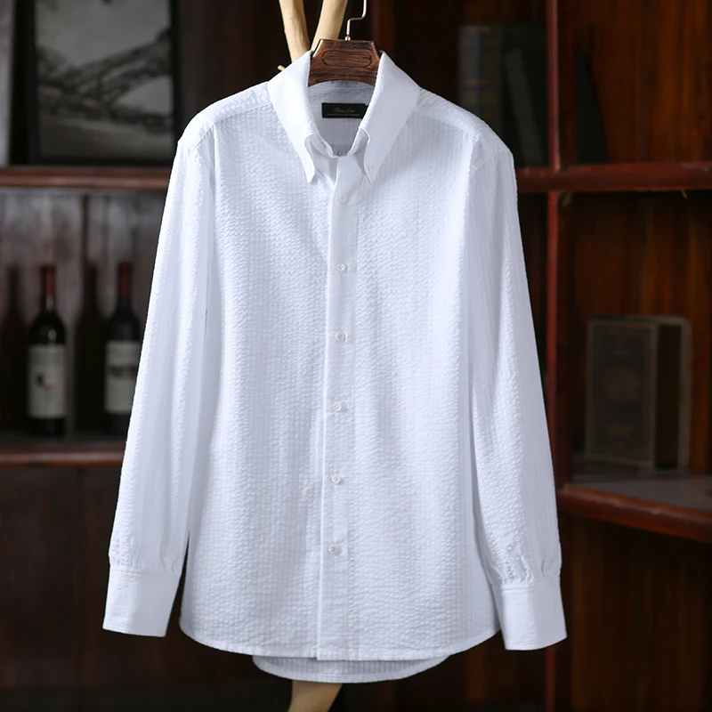 

Business Casual Cotton Shirt Stripe Pattern Cuban Collar Single Button Neapolitan Style Spring Autumn Youth Slim Fit Long Sleeve