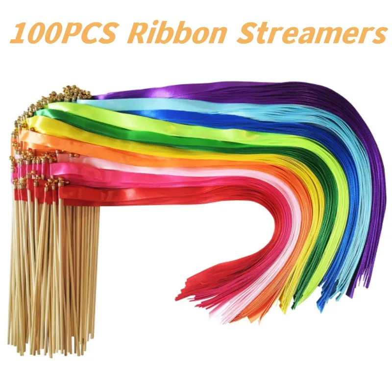 40-100Pcs Silk Ribbon Wands Streamers with Gold Bell Party Rhythm Ribbon Streamers for Wedding Bridal Shower Favors Photo Props