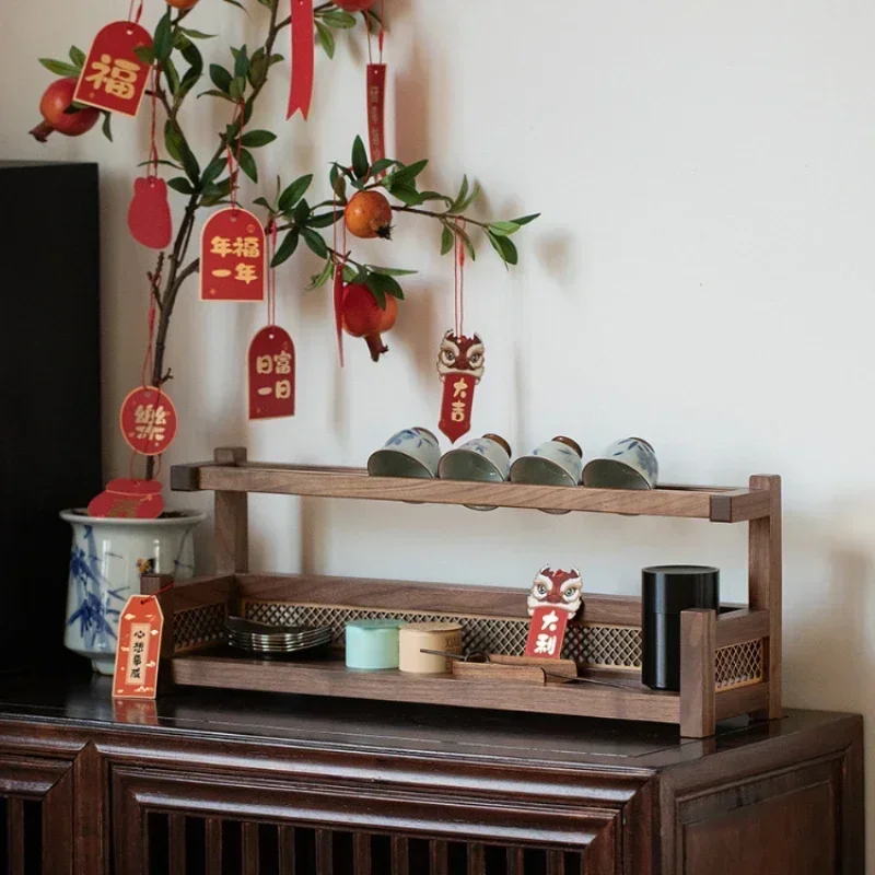 Black Walnut Tea Cup Rack – Chinese Style Kitchen Storage, Desktop Organizer for Tea Set and Teapot, Elegant Tea Cup Display.