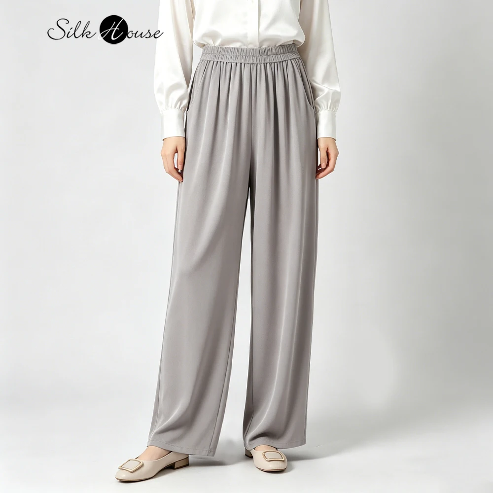 

Women's Casual Summer Clothing Heavyweight 100% Natural Mulberry Silk Double Qiao Satin Elastic Waist Loose Straight Leg Pants
