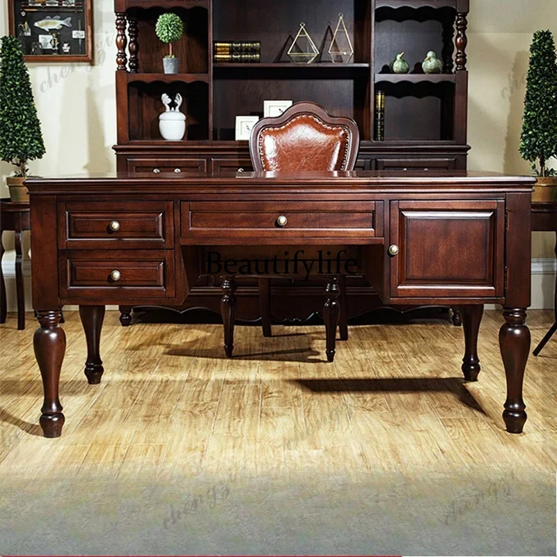 51 American all-solid wood desk and chair combination home office walnut European boss study retro writing desk