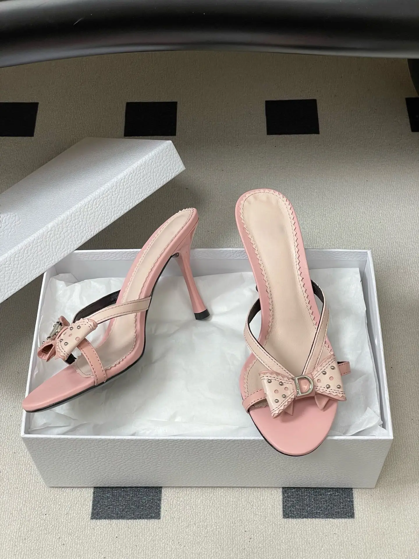 2026 New Sweet Pink Bow Rivet High Heels Women Elegant Thin Strap Stiletto Slippers Fashion Open Toe Slide Sandals Ladies Shoes