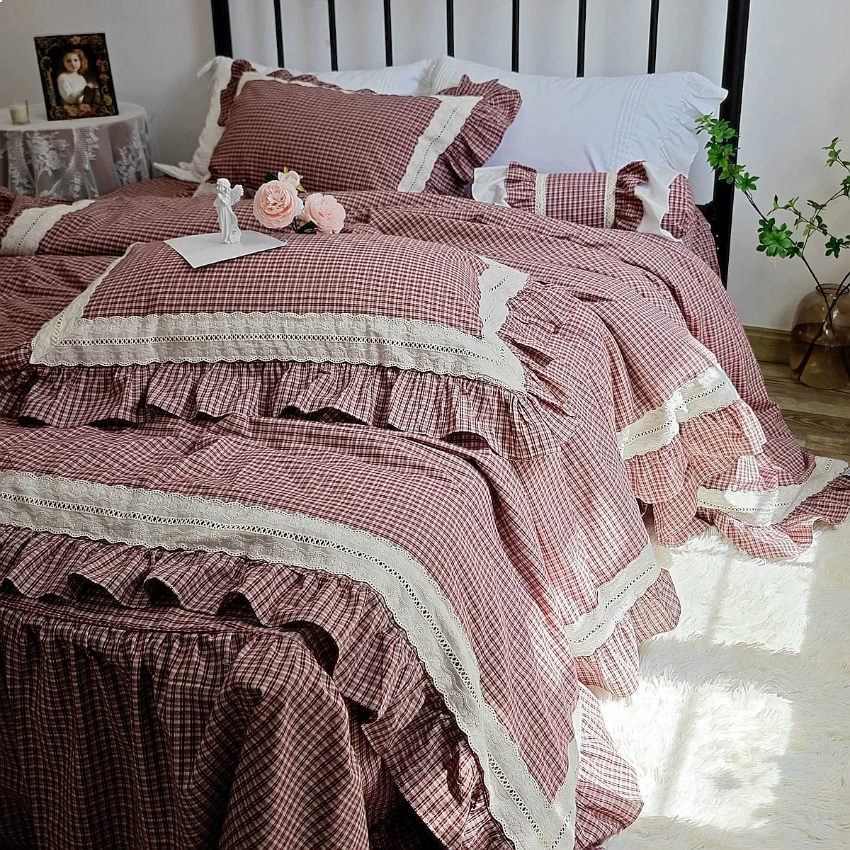 French Korean American Country Princess Plaid Cotton Bed Skirt Sheet Set 4-Piece