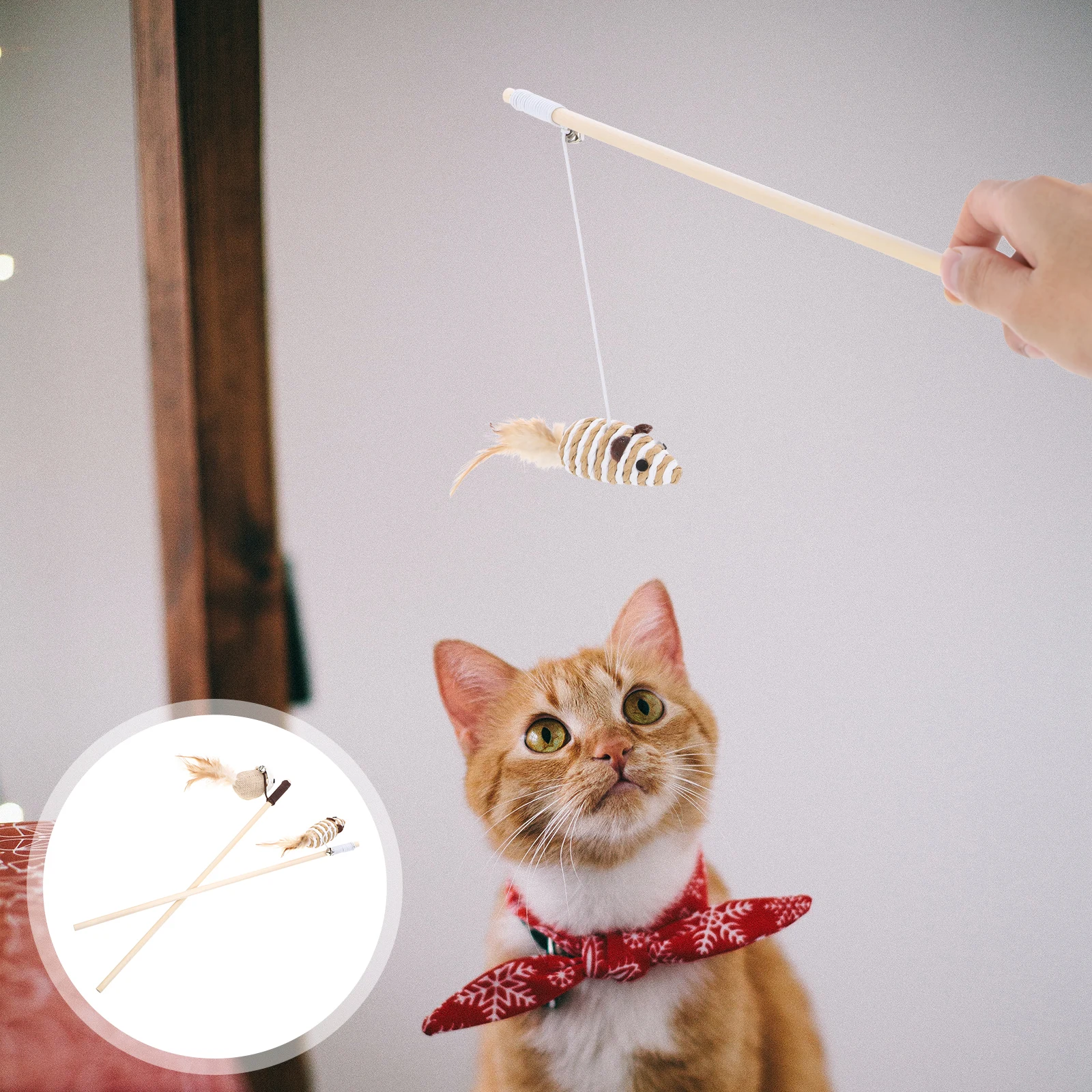 

2pcs Cat Teaser Rod Mouse Design Kitten Plaything Fun Entertaining Exerciser Stick Loneliness Relief Indoor