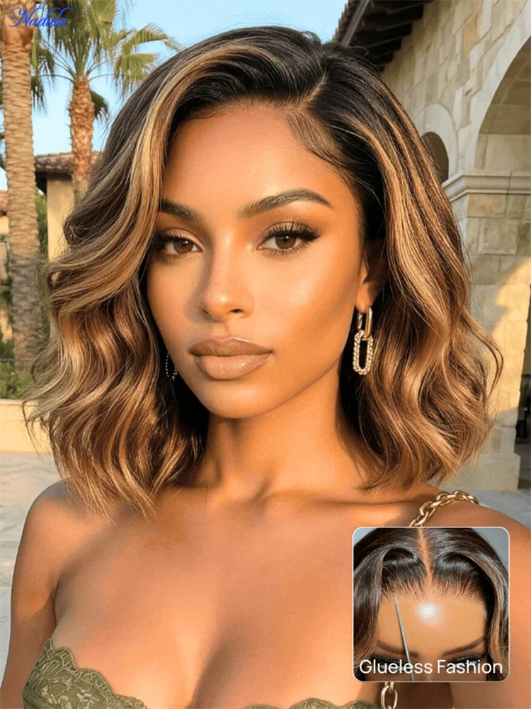 NADULA 13x4 BOB Lace Frontal Human Hair Wig Highlights  Blonde with Dark Root Pre Bleached Knots Pre Cut Transparent Lace Front Wig with Drawstring Pre Plucked Put and Go Glueless Human Hair Wig Density 180%