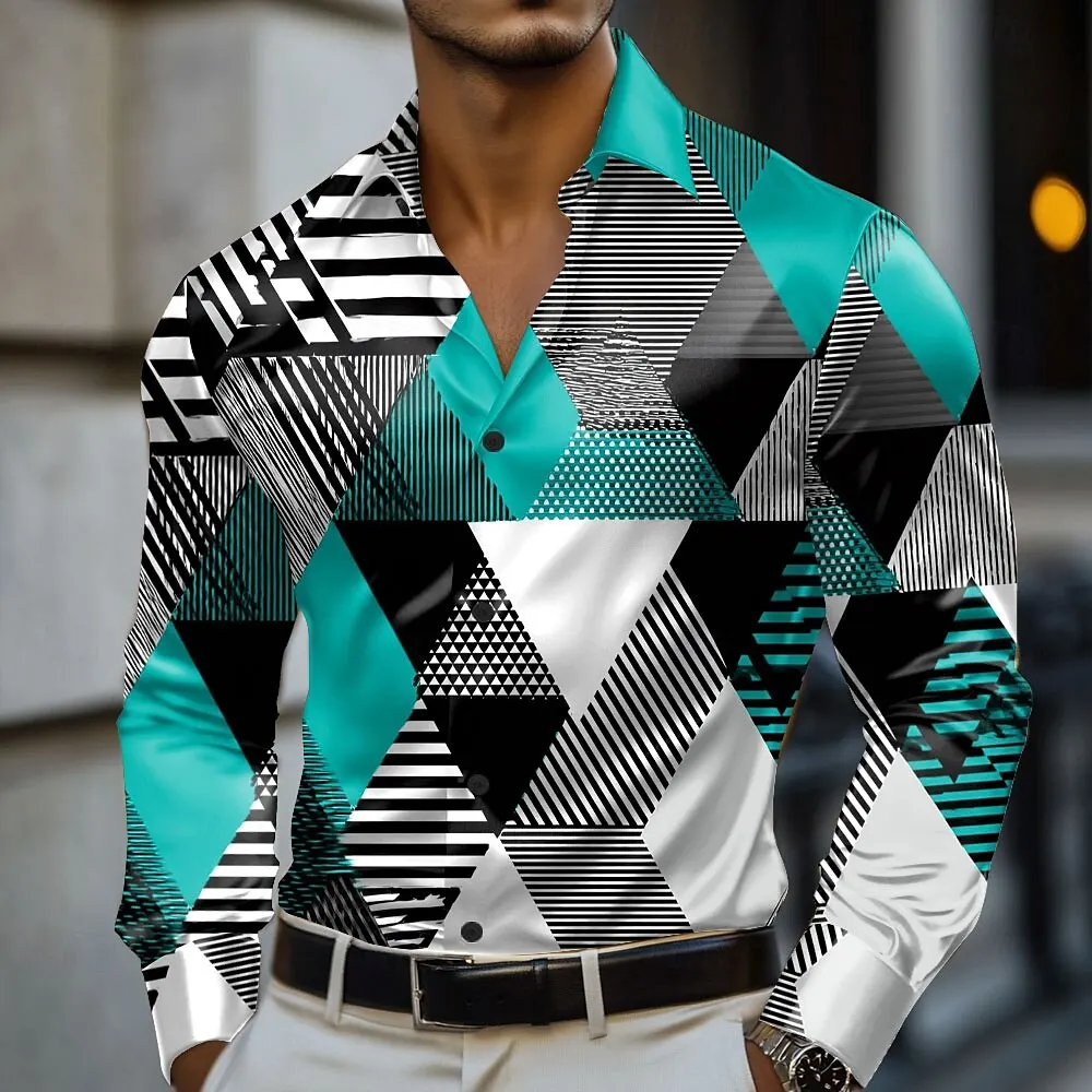 

Men's Geometric Color Block Grid Plaid Shirt Long Sleeved Fashion Casual Vacation Daily Wear Turndown 3D Print Button Up Shirts