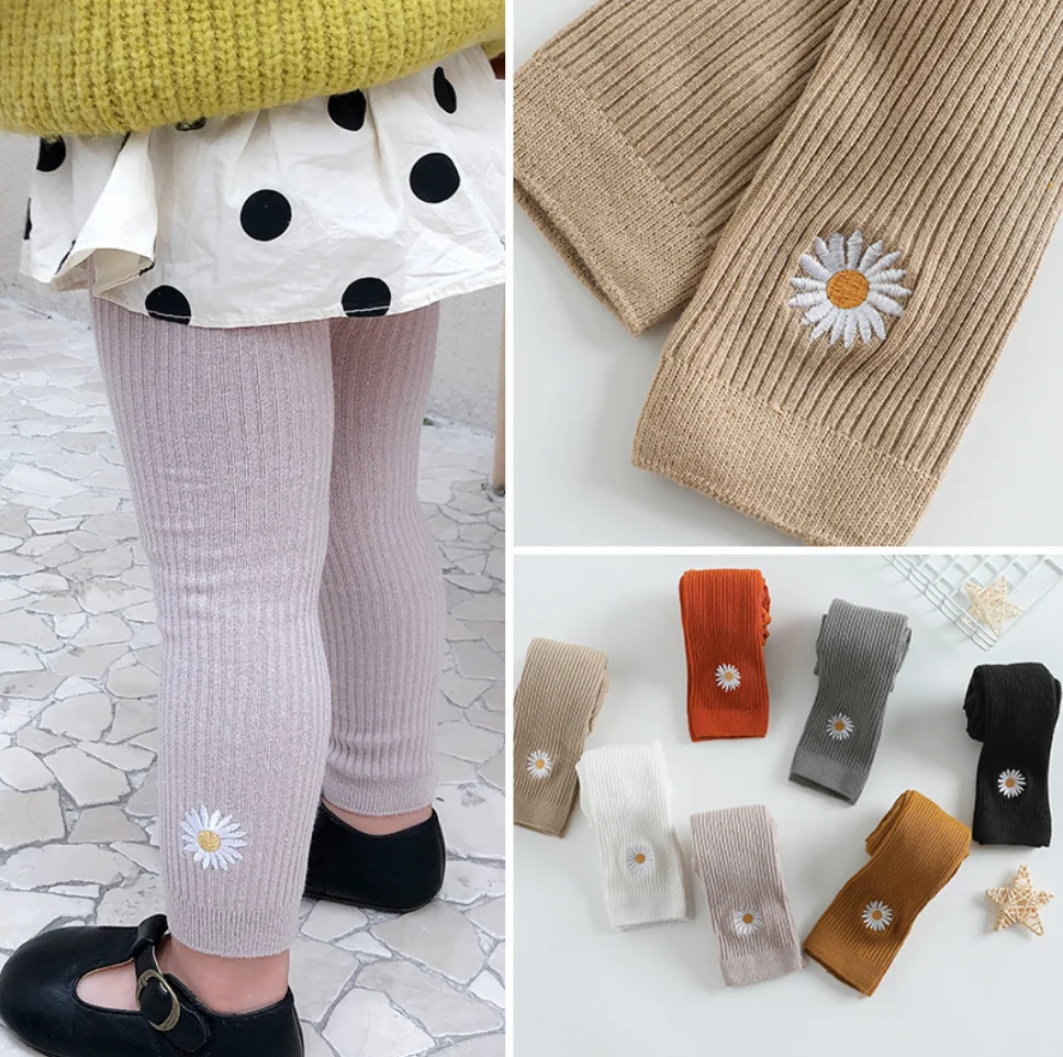 Spring Autumn New Double Needle Infant Children's Baby Leggings Embroidered Cropped Pants  Girls' Nine-minute Tights