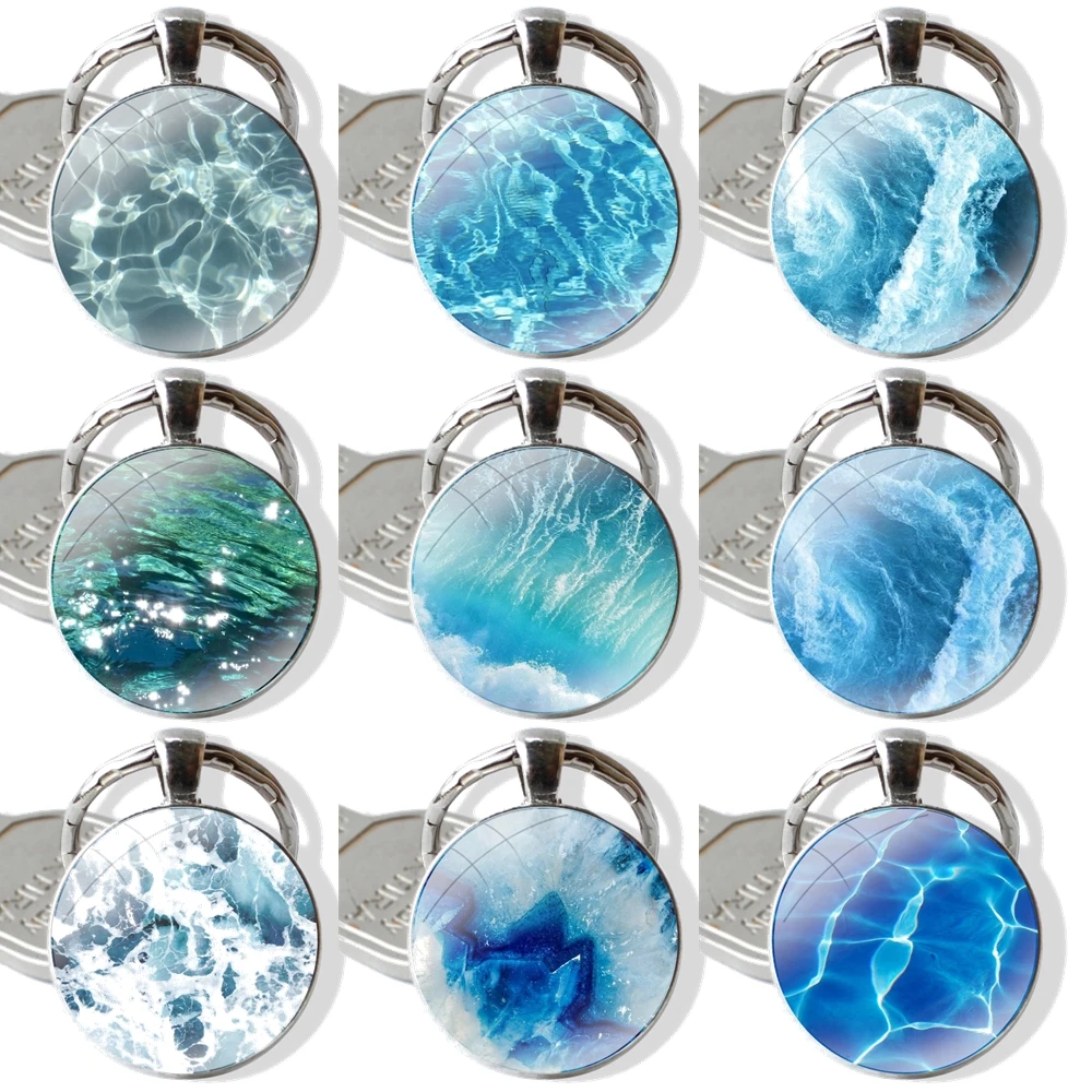 waves ocean water light refraction Keychain Handmade Glass Cabochon Key Ring Holder Pendant Key Chains Fashion Decor Design Cute