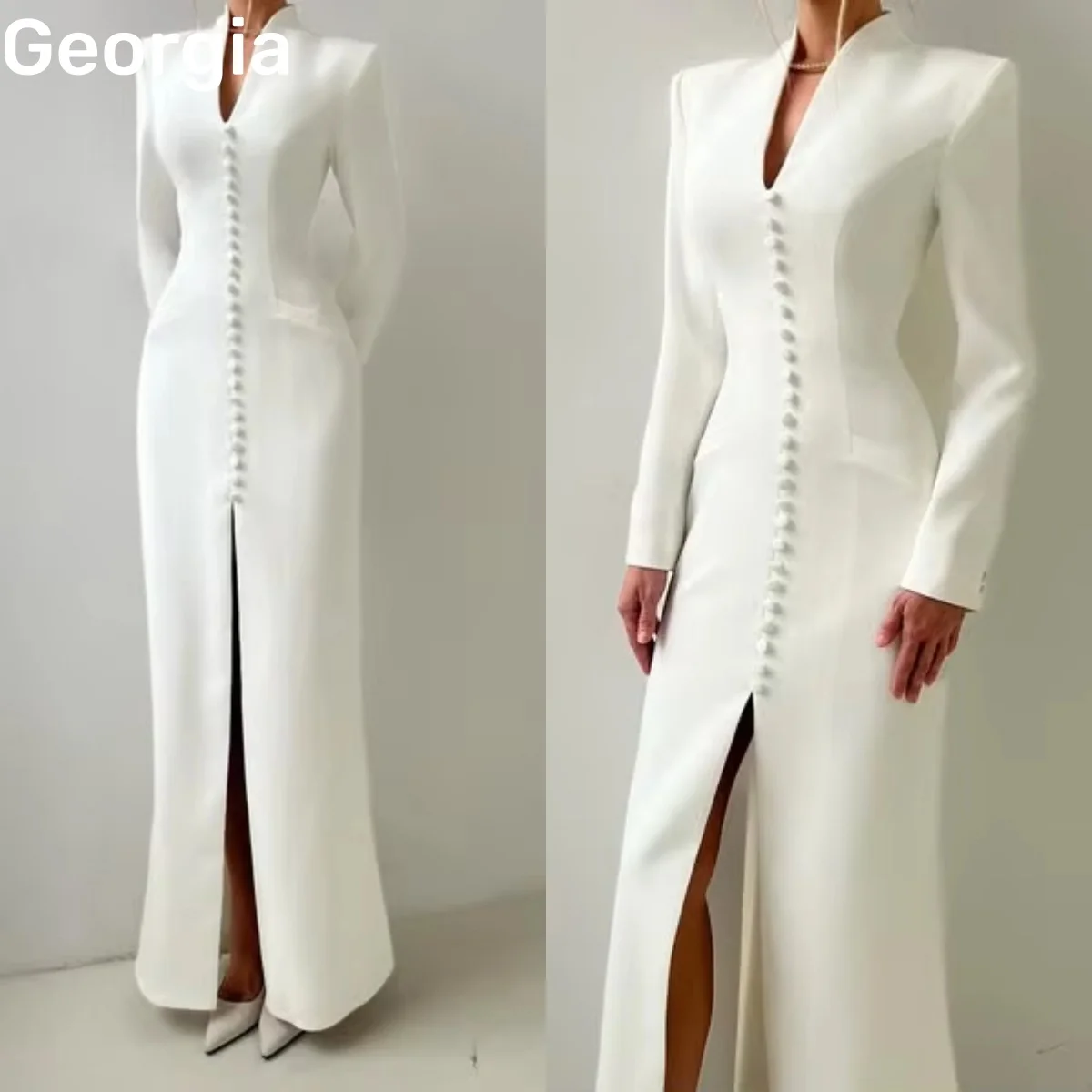 Personalizar vestidos de noche columna dividida con cuello en V vestidos para ocasiones formales cremallera hasta mangas largas vestidos de graduación hasta el suelo cumpleaños