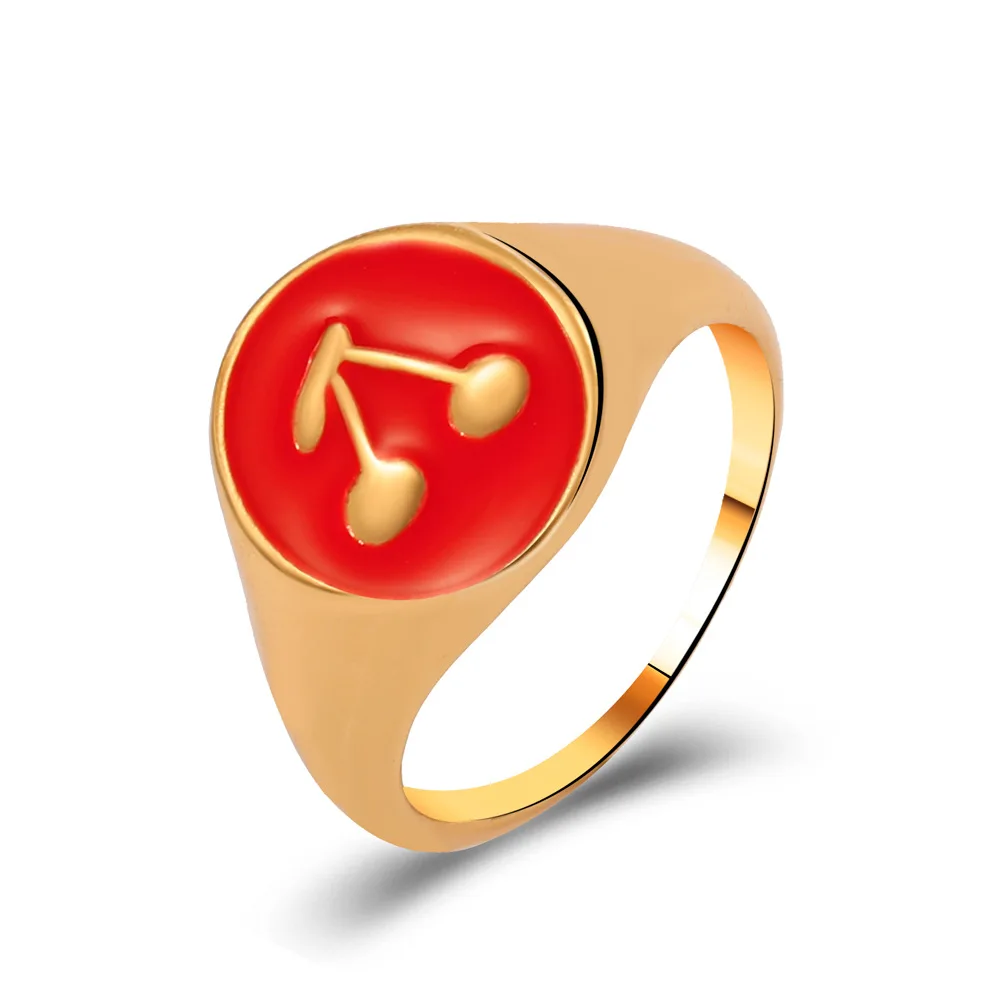 Graceful Trending Product Golden Plated Sweet Cherry Retro Red Flame Circle Geometry Rings Women Jewelry