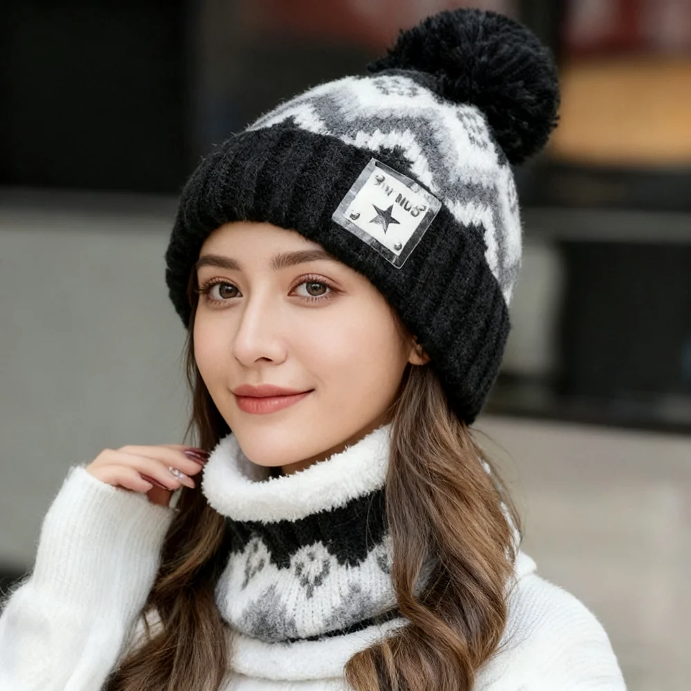 2 قطعة مجموعة الشتاء النساء القطيفة المخملية القبعات الرقبة أدفأ قبعة وشاح مجموعة بيني الدراجات يندبروف قبعة في الهواء الطلق حماية الأذن #6
