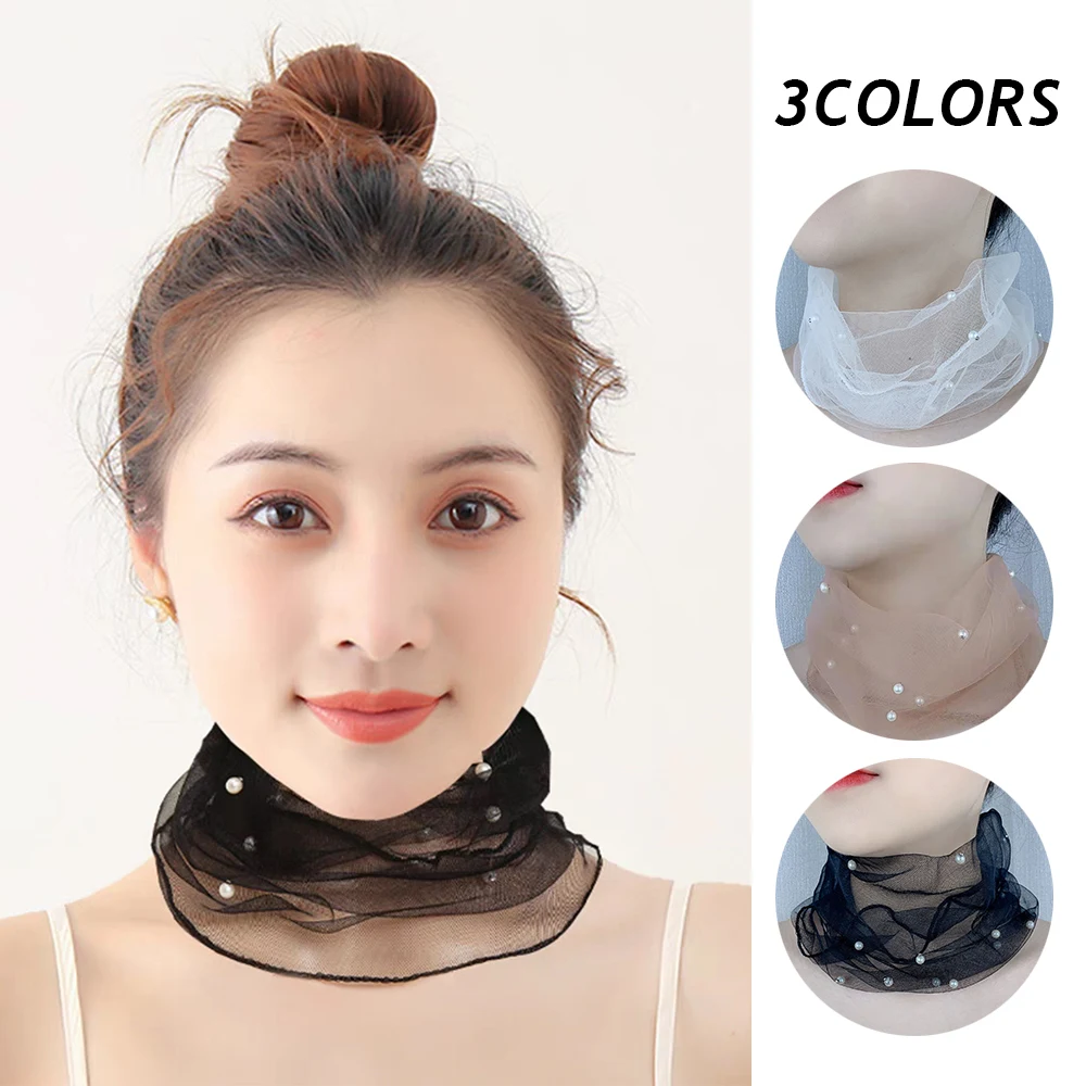 Women Lace Beaded Scarf Neck Cover Bib Headband Thin Mesh Sunscreen Scarves Elegant Faux Pearl Collars Elastic Small Neckerchief