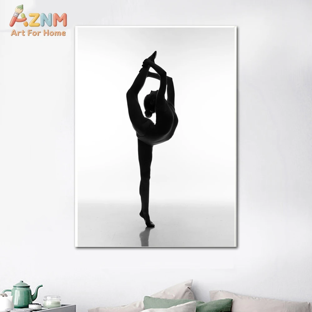 AZNM - Arte de pared en lienzo con silueta de bailarina en blanco y negro, impresión de una elegante bailarina en pose, sin marco, minimalista, para gimnasia