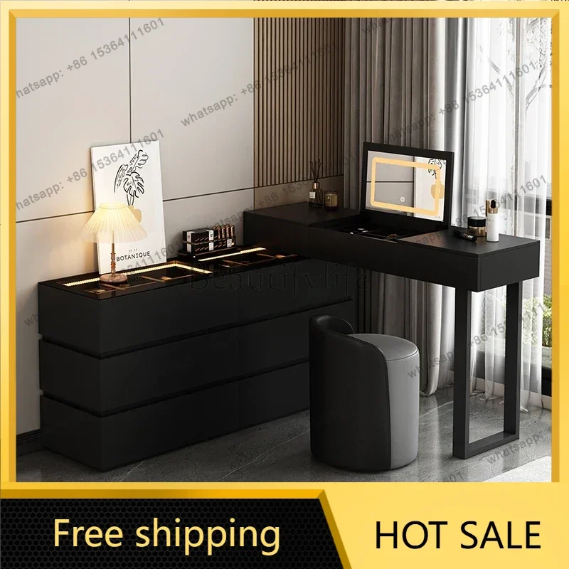 LDDressing Table Light Flip Mirror Stool Vanity 6 Drawer Storage Organizer Led Mirror Makeup Table   Bedroom Furniture